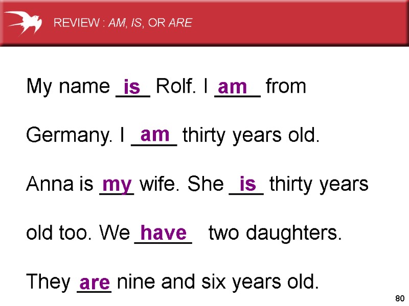 80 My name ___ Rolf. I ____ from   Germany. I ____ thirty